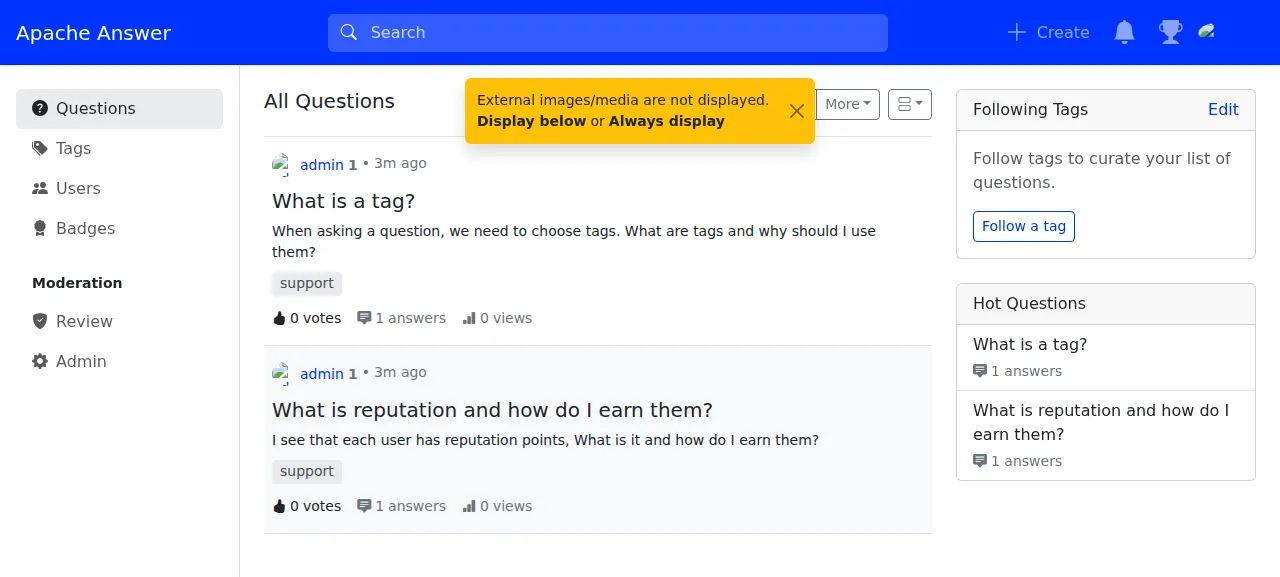 The Apache Answer question list after signing in as the admin, with Review and Admin in the sidebar