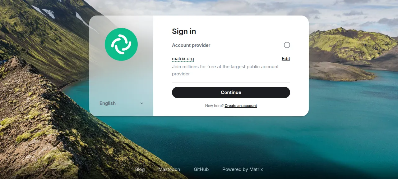 The Element sign-in screen with matrix.org as the account provider