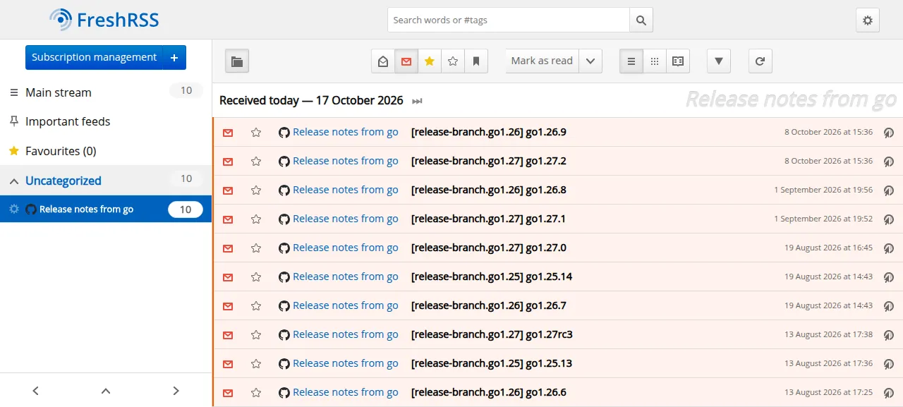 The FreshRSS stream listing 10 articles from the feed Release notes from go