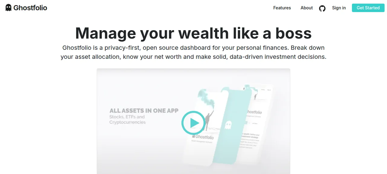 The Ghostfolio landing page before signing in
