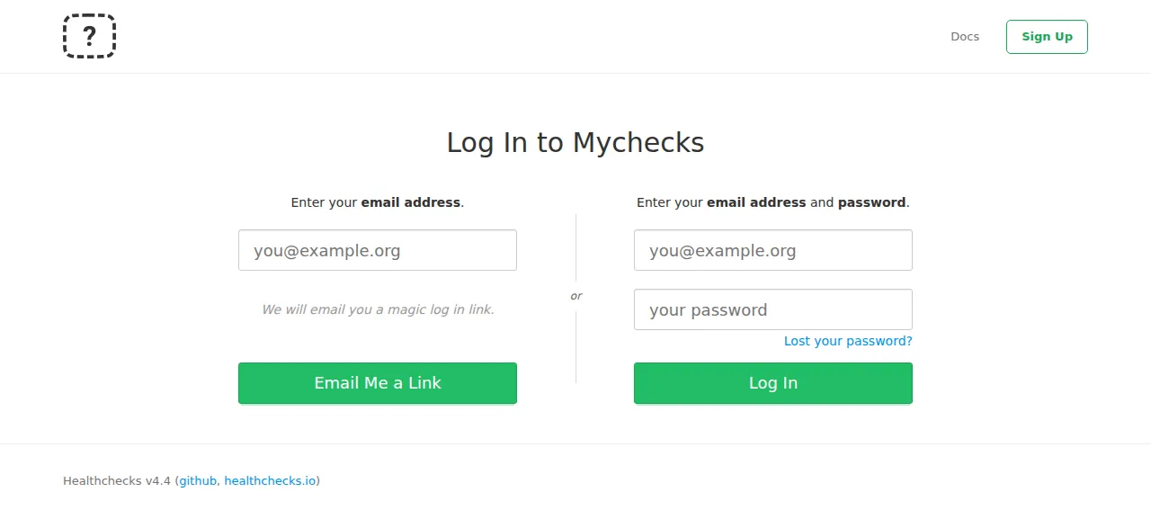 The Healthchecks log-in page