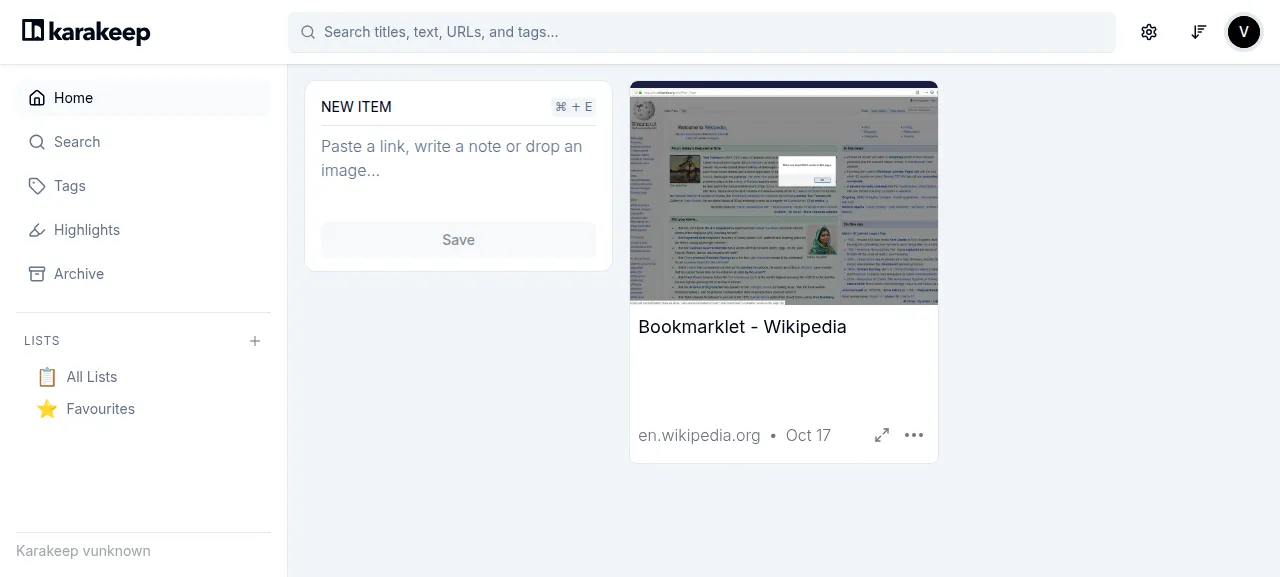 The Karakeep home page with a saved Wikipedia bookmark and its fetched preview