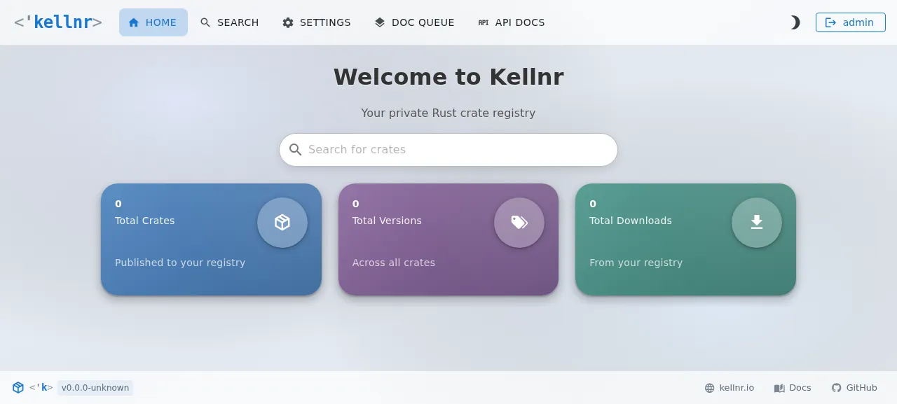 The Kellnr home page signed in as admin