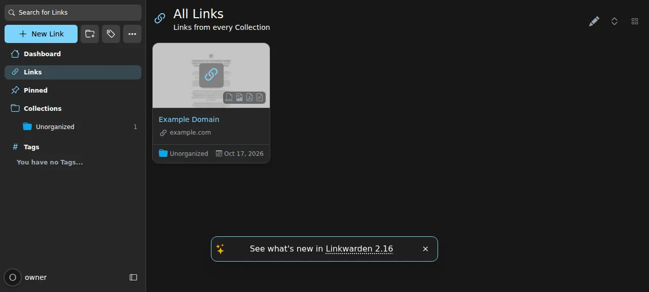 The Linkwarden All Links page with the saved link Example Domain