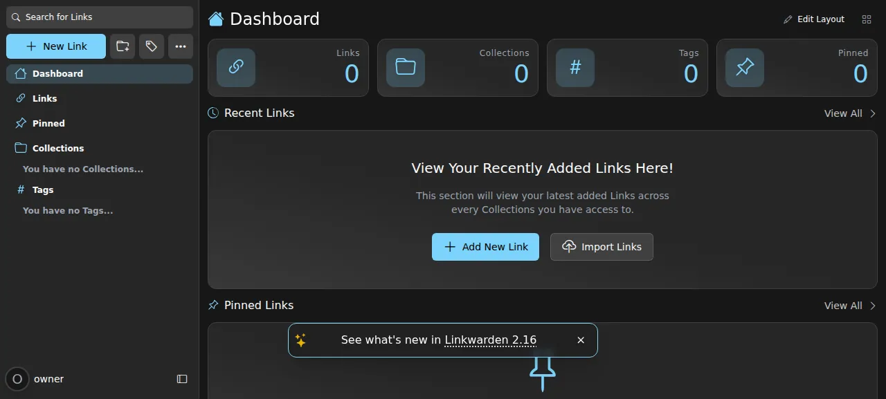 The empty Linkwarden dashboard after signing in