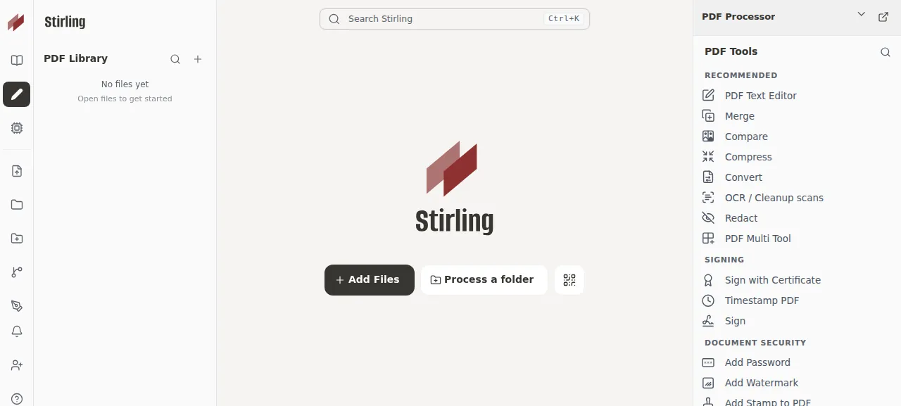 The Stirling PDF workspace with its tool list after logging in