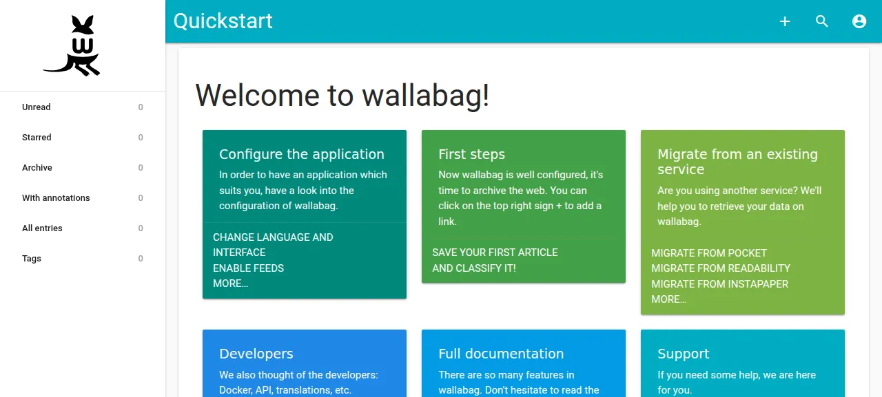 The wallabag quickstart page after logging in